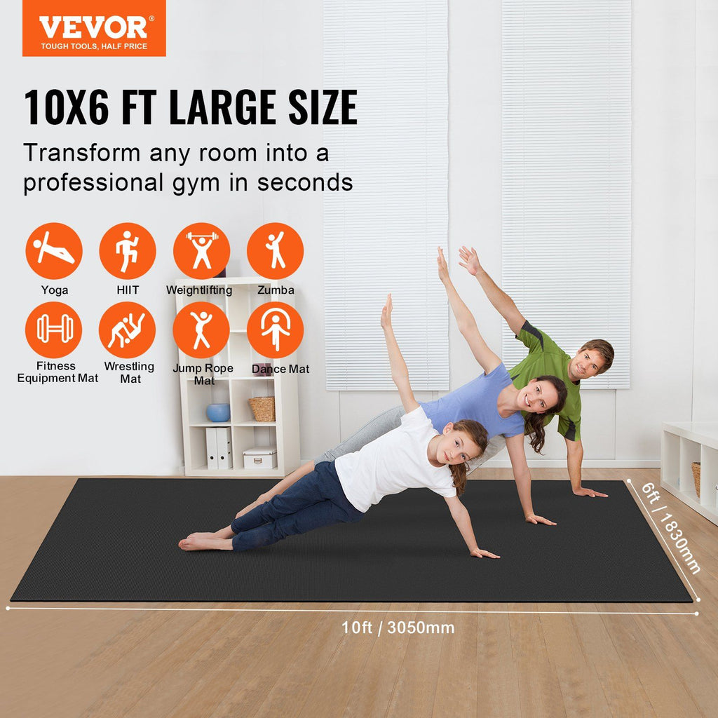 VEVOR Exercise Mat, Non Slip High Density Premium Yoga Mat, Exercise Yoga Mat for Men Women, Fitness & Exercise Mat with Bag & Carry Strap, for All Types of Home Yoga, Pilate & Floor Workout (10x6ft)